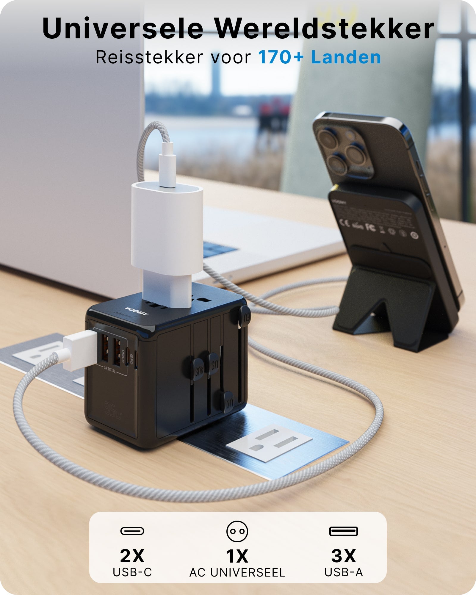 Voomy Travel Y30 - Reisstekker Wereld - 35W Snellader - 2 USB C - 3 USB A