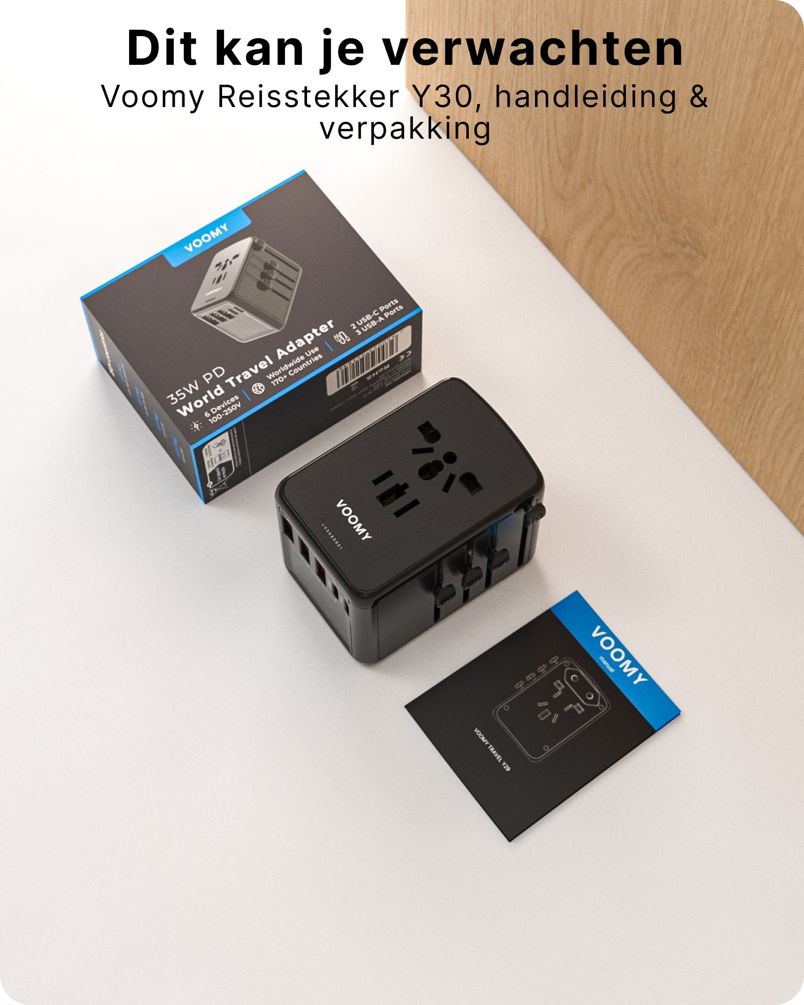 Voomy Travel Y30 - Reisstekker Wereld - 35W Snellader - 2 USB C - 3 USB A