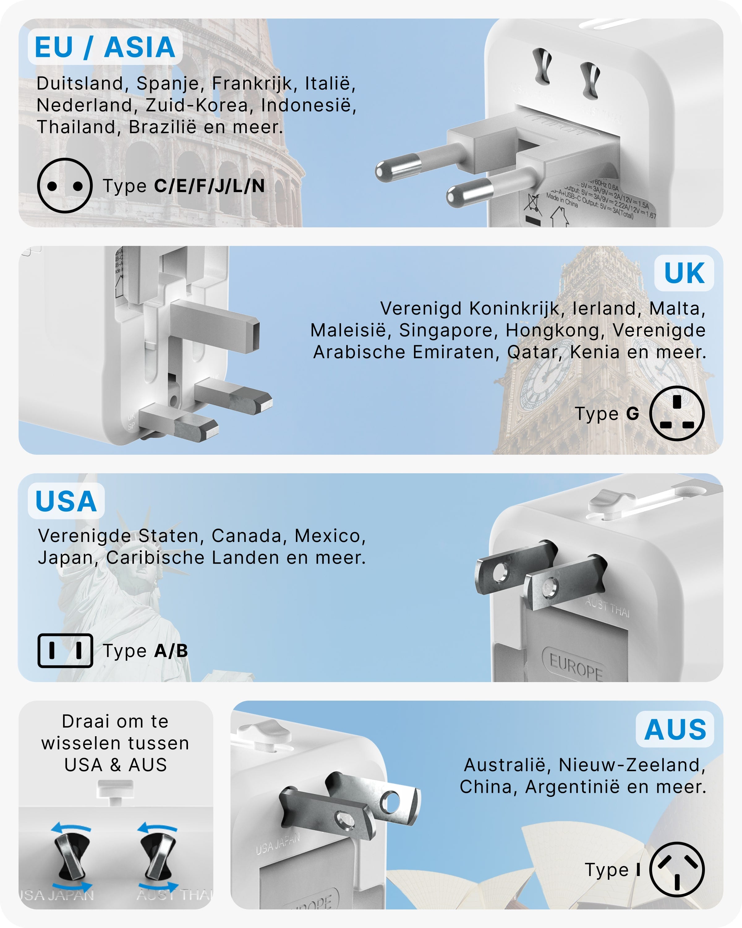 Voomy Travel Y11 - Reisstekker Wereld - 150+ Landen - 20W snellader - 1 USB-A 1 USB-C poort - Wereldstekker - Wit